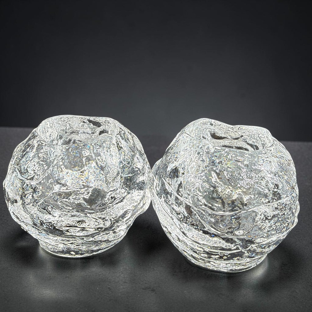 Kosta Boda Snowball Votive Candle Holder Pair 1980s Crystal Art Glass Unsigned